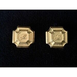Karl Lagerfeld Signed Goldtone Clip On Square Earrings with KL Logo Vintage